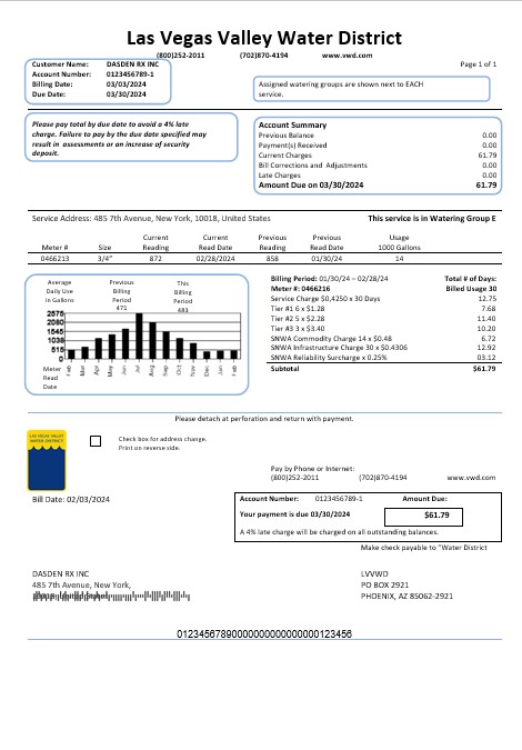 USA Las Vegas Valley Water District (LVVWD) business utility bill template in Word and PDF formats